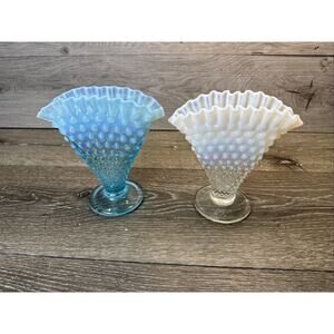 Fenton Hobnail Fan Vase Aqua Blue & White Glass Ruffled Top 6x6”~Set Of 2